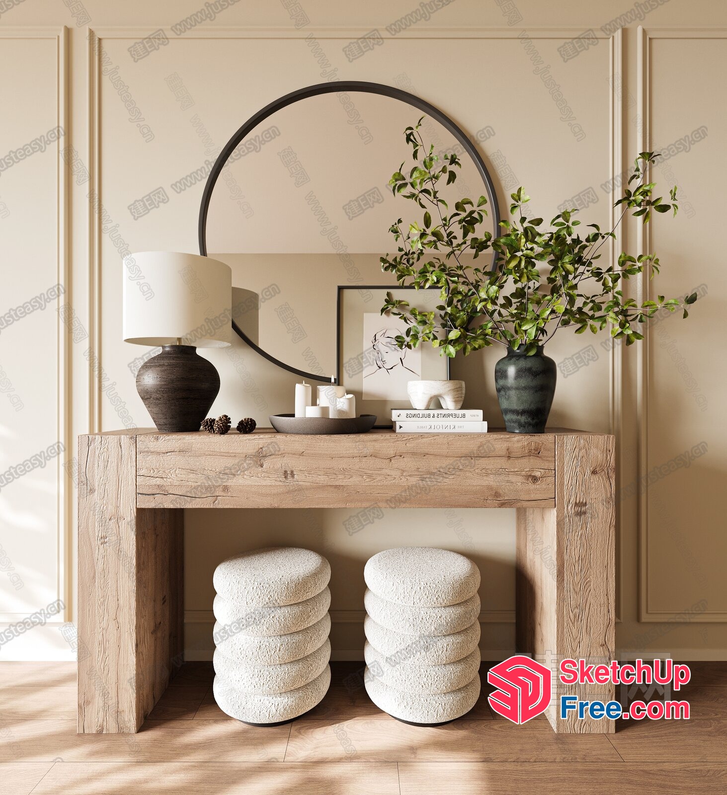 Modern Minimalist Console Table With Natural Wood And Decorative Elements 3D SketchUp File