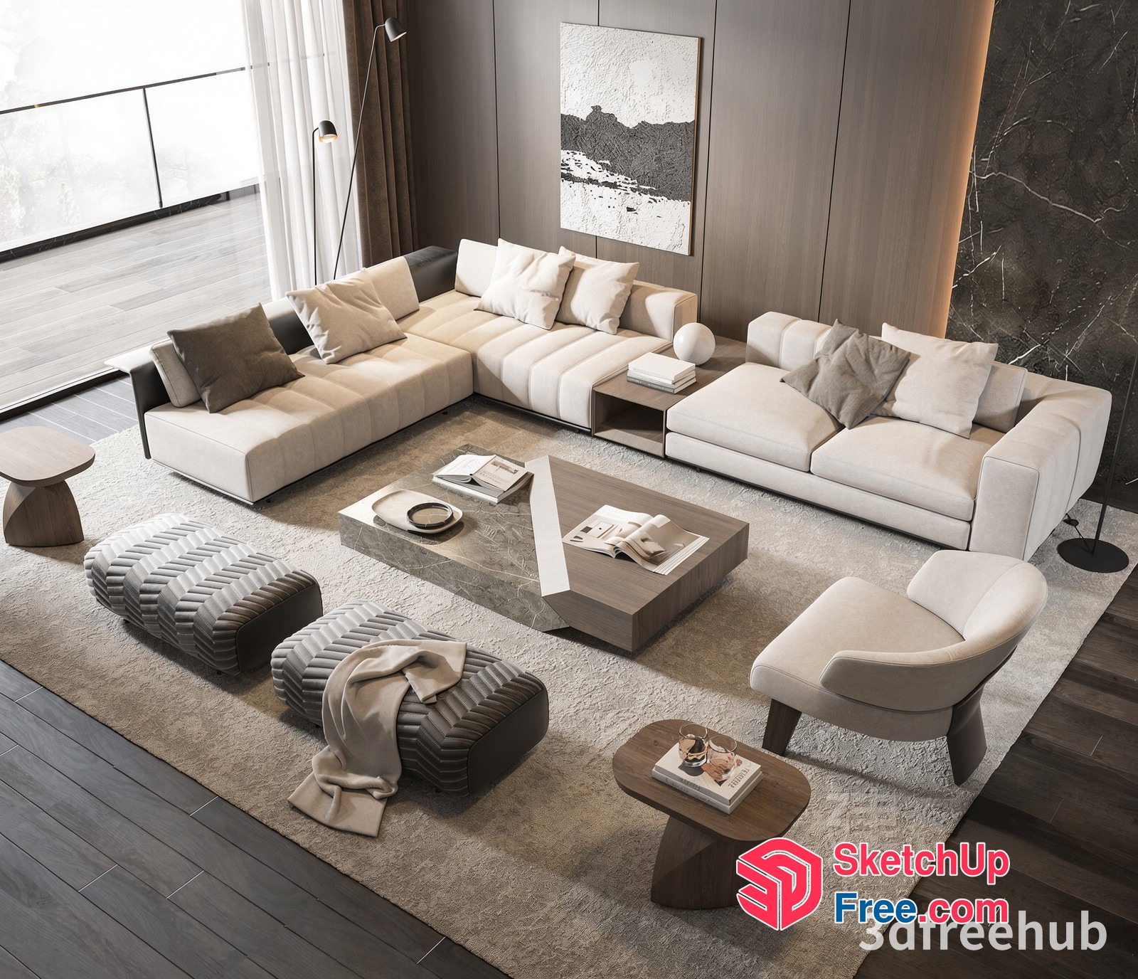 Modern Living Room With White And Brown Furniture 3D SketchUp File