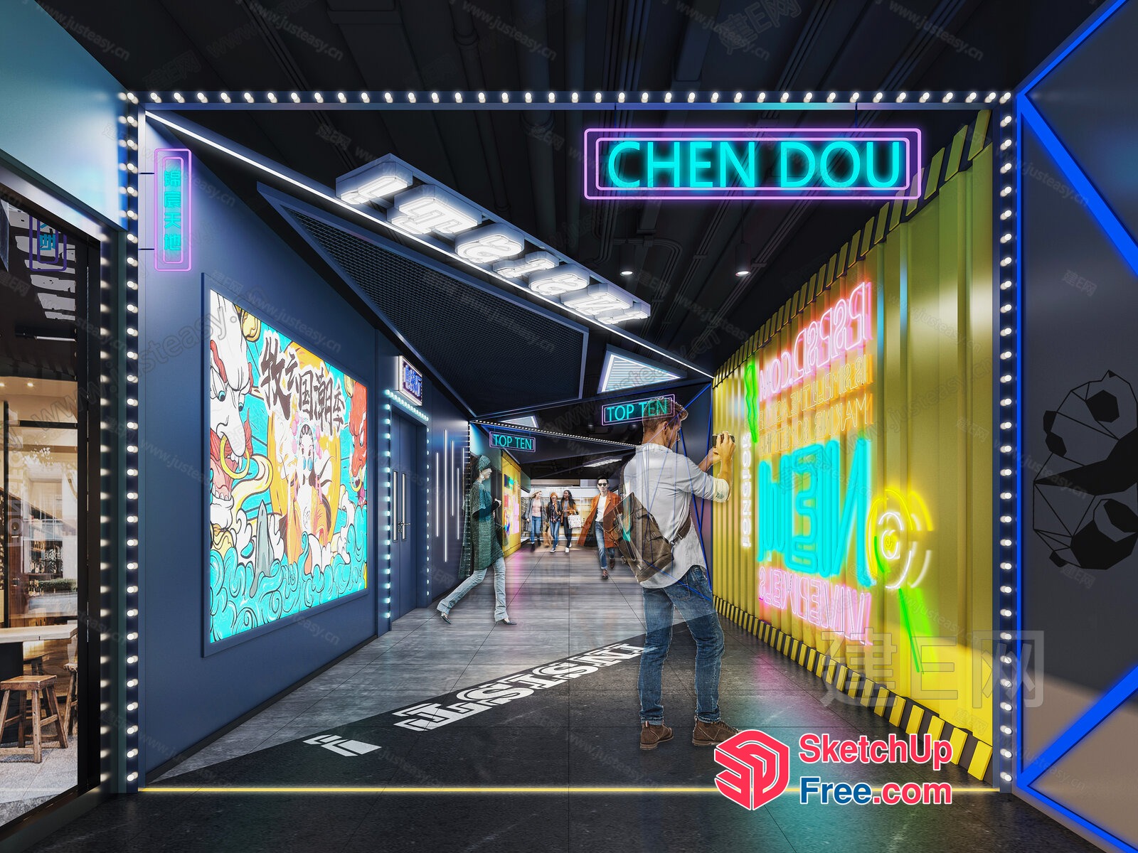 Neon-Lit Hallway With Graffiti Art 3D SketchUp File