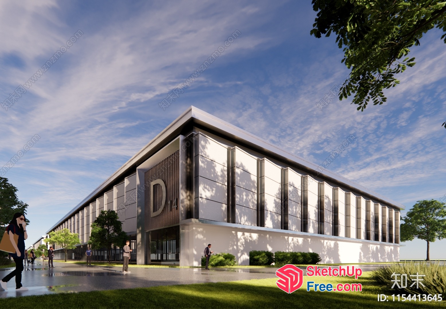 Modern Office Building With Large Windows And Green Space 3D SketchUp File