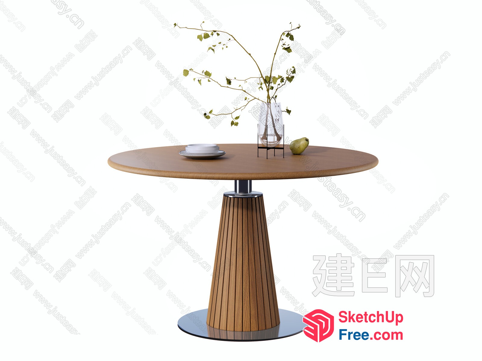 Round Wooden Table With Vase And Plate 3D SketchUp File