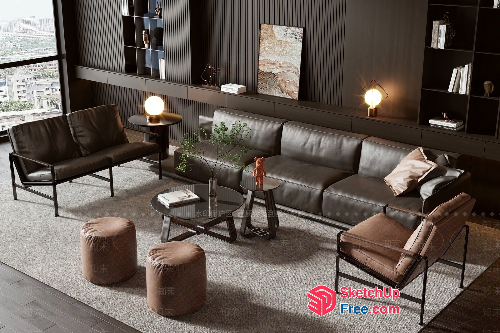 Modern Living Room With Leather Sofa And Glass Coffee Table 3D SketchUp File