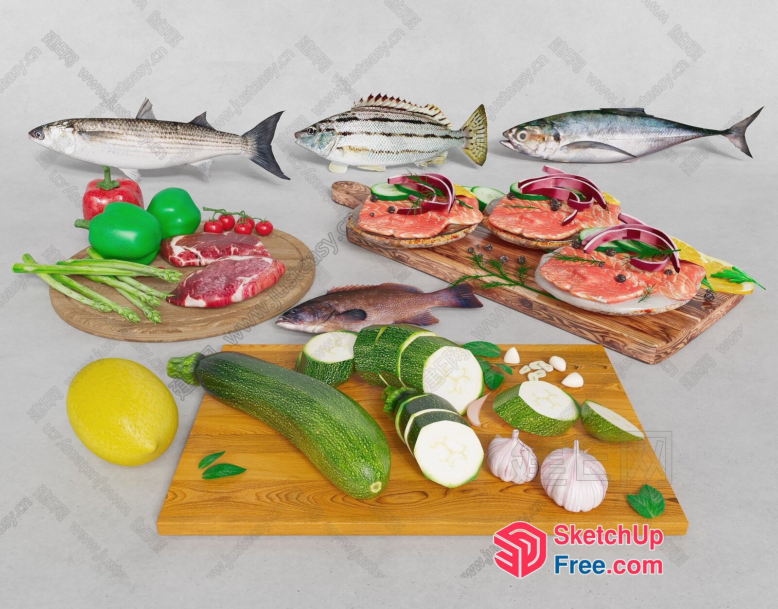 Fresh Seafood And Vegetables On Wooden Cutting Boards 3D SketchUp File