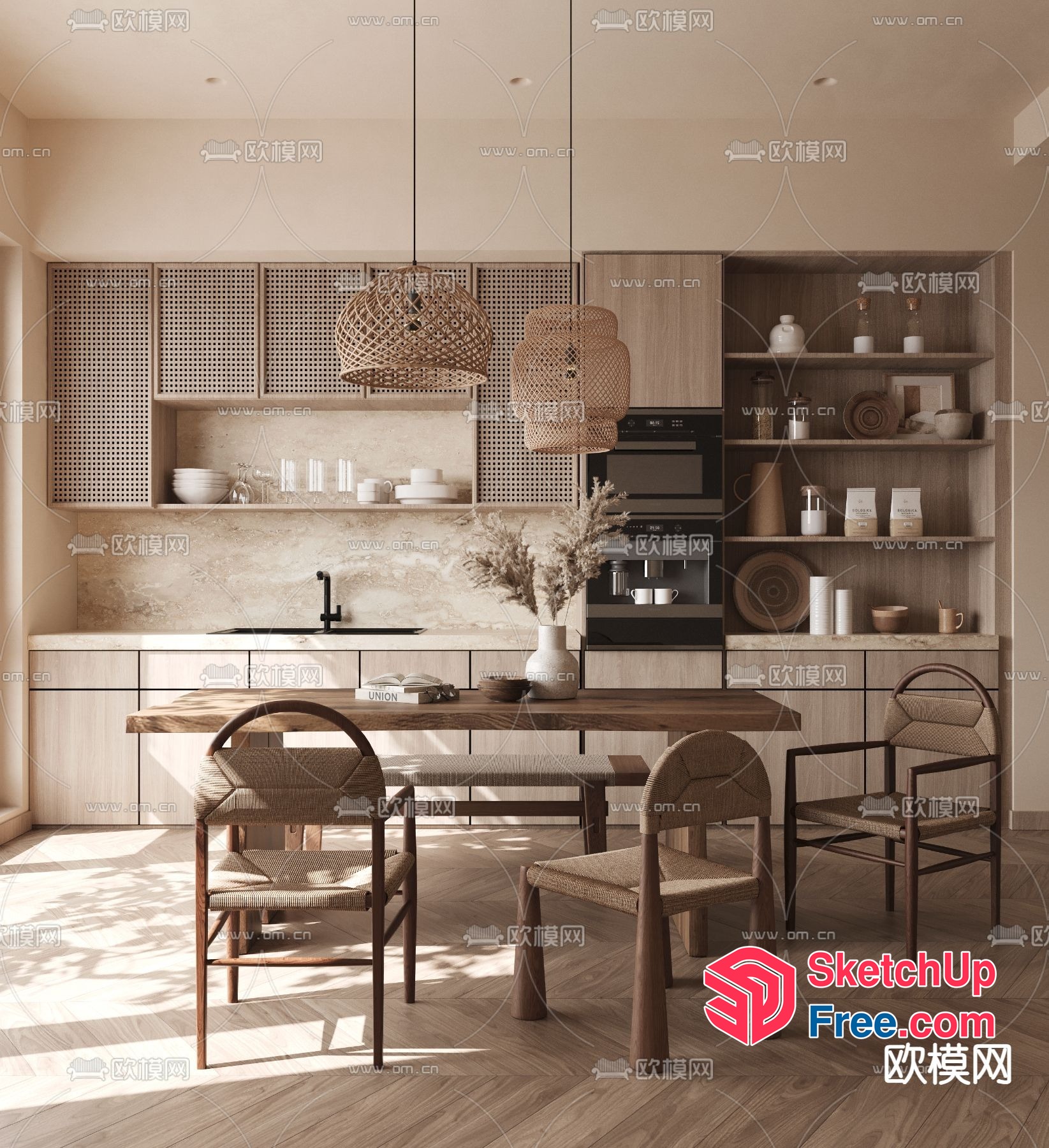 Modern Kitchen With Wooden Furniture And Natural Light 3D SketchUp File