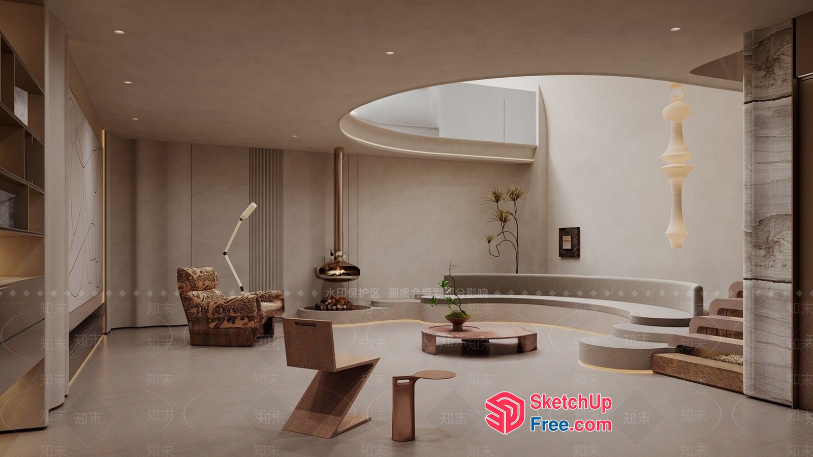 Modern Minimalist Living Room Design With Curved Lines And Natural Elements 3D SketchUp File