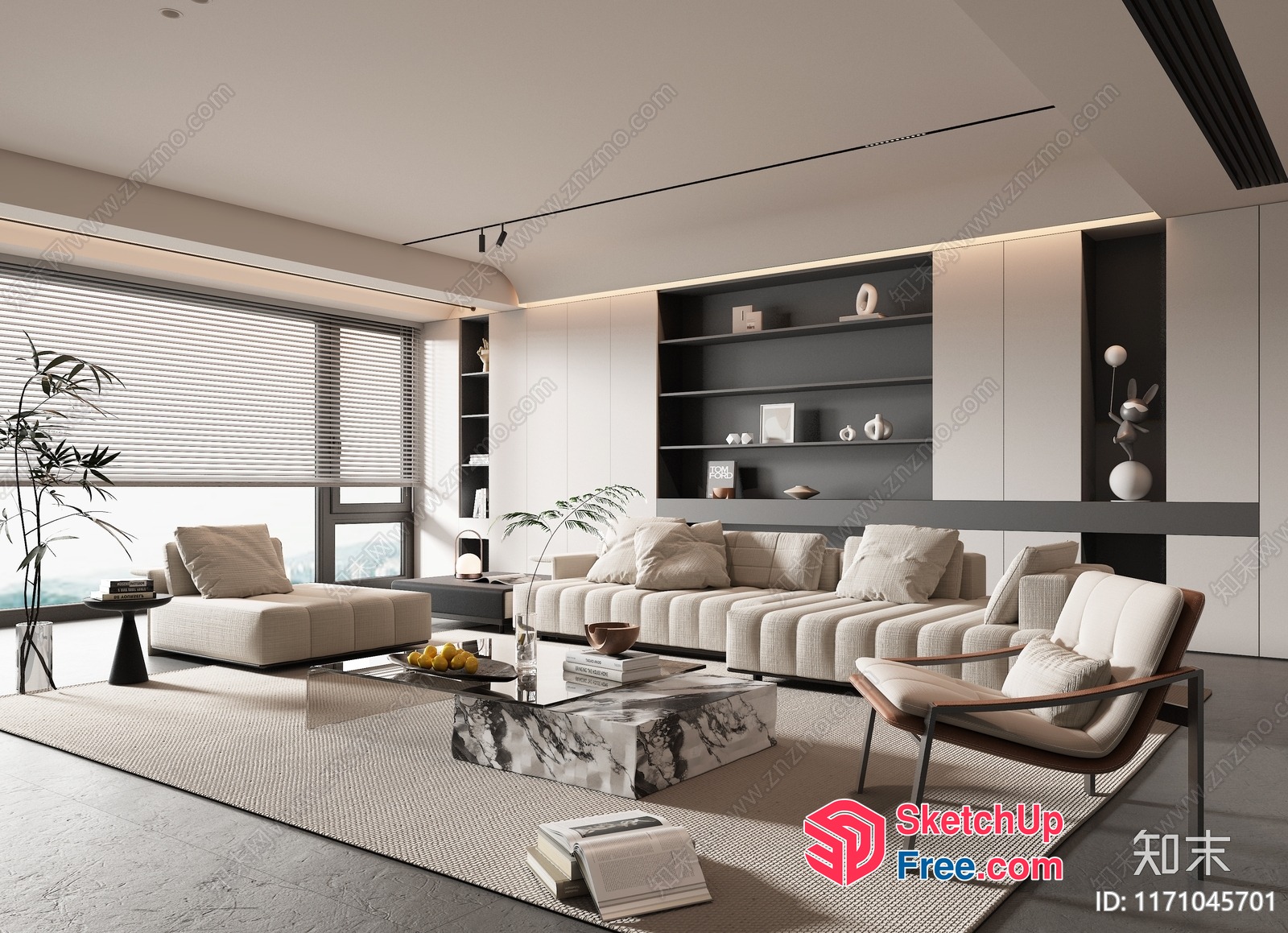 Modern Minimalist Living Room With Creamy Style Sofa 3D SketchUp File