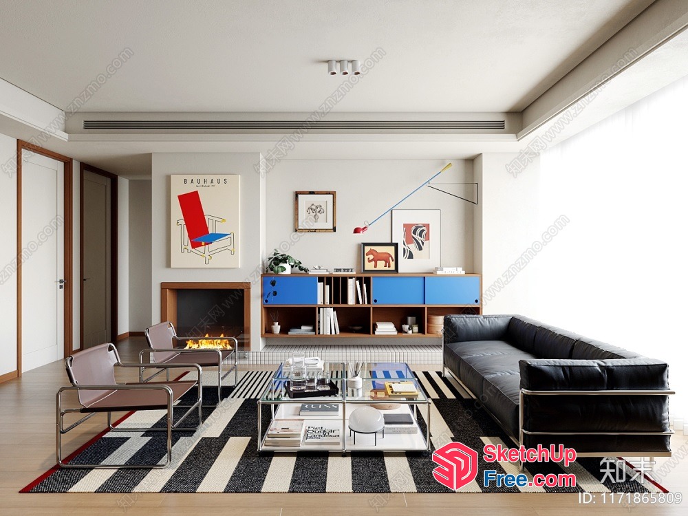 Modern Living Room With A Fireplace And A Striped Rug 3D SketchUp File