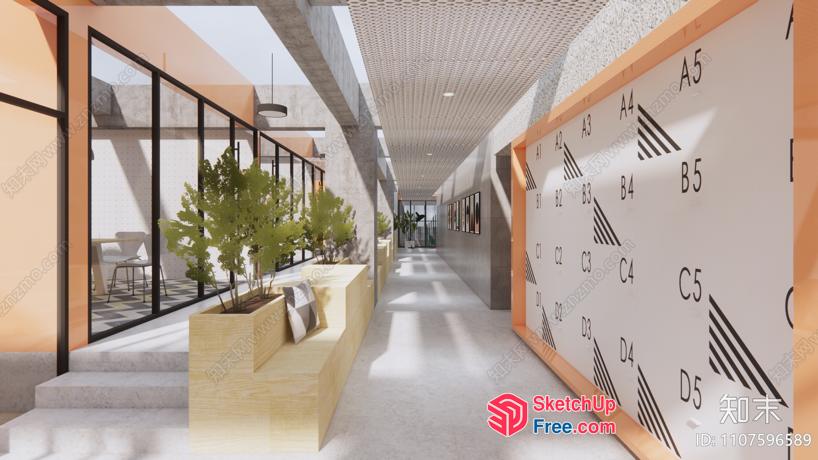 Modern Office Building Interior With Glass Walls And White Floors 3D SketchUp File