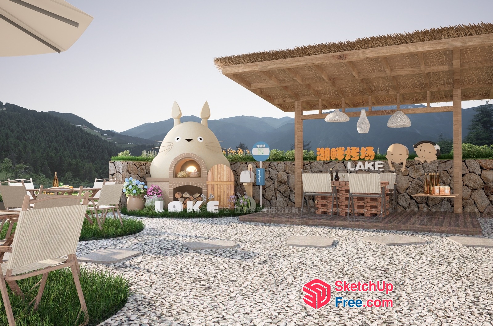 Cozy Japanese-Style Outdoor Cafe With A Totoro Twist 3D SketchUp File