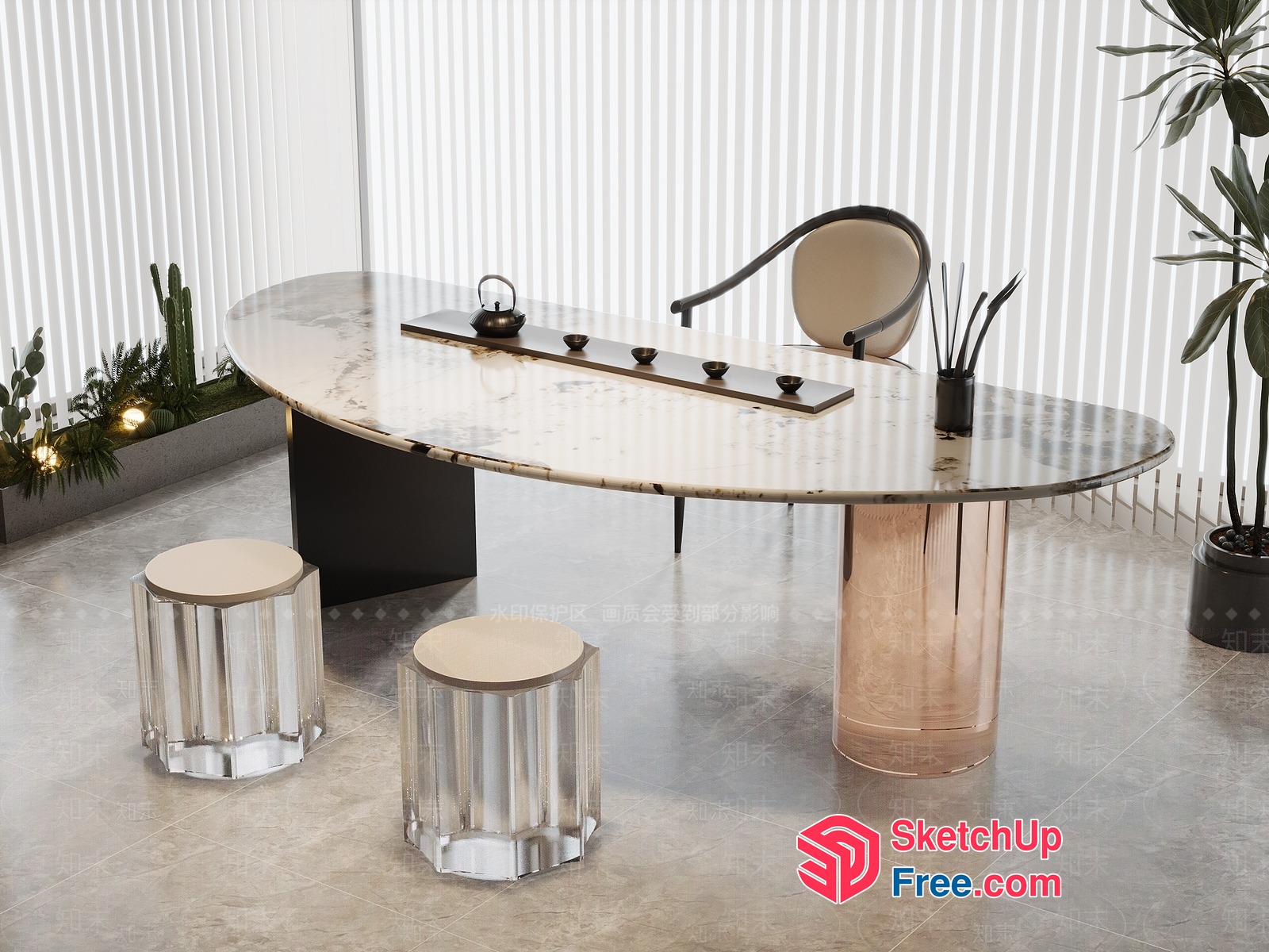 Elegant Marble Desk And Stools Combination 3D SketchUp File