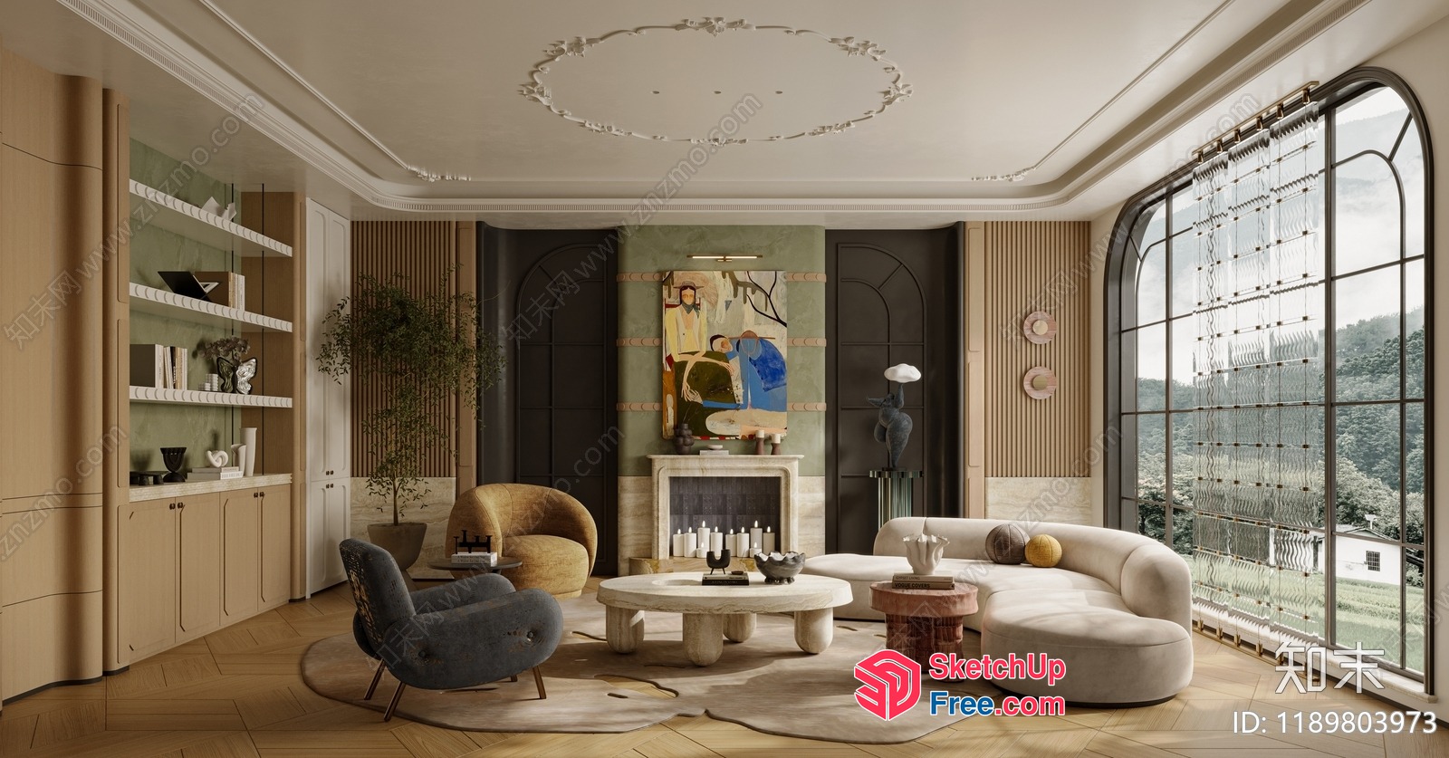 Elegant Living Room With Fireplace And Natural Light 3D SketchUp File