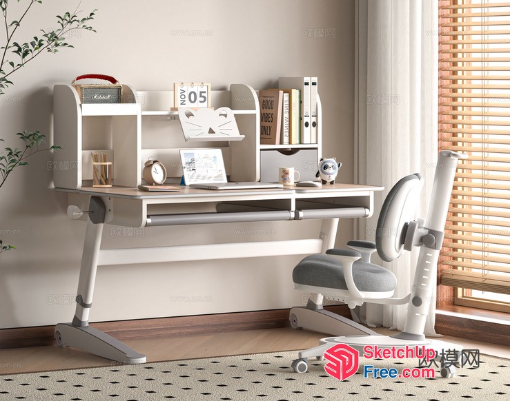 Modern Minimalist White Desk With Built-In Shelving 3D SketchUp File