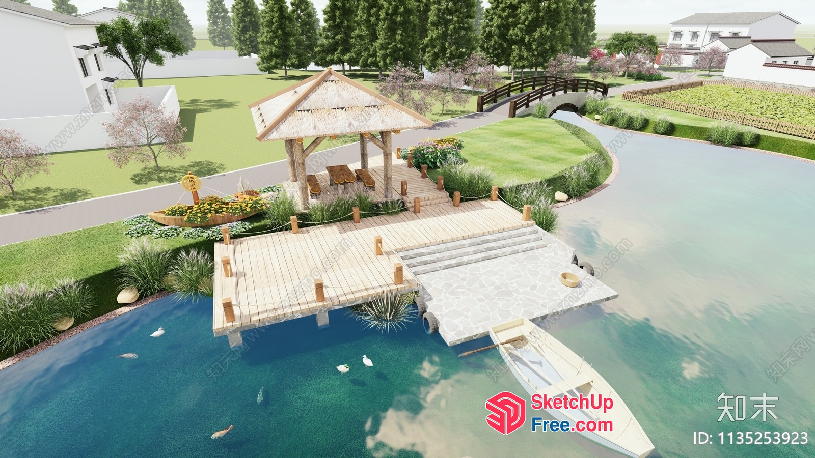 Serene Waterfront Villa With Gazebo And Boat Dock 3D SketchUp File