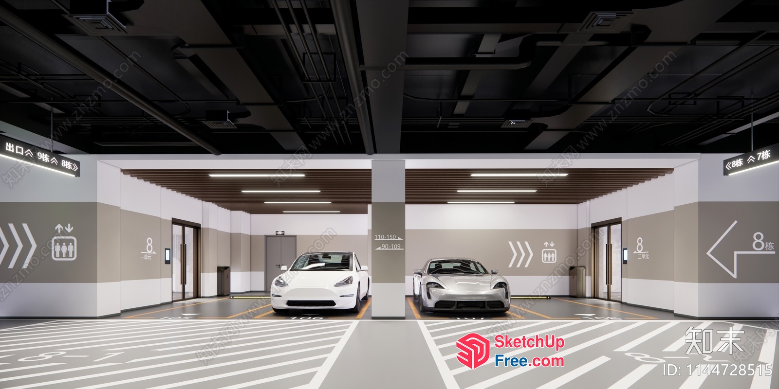 Modern Garage With Two Cars And White Lines 3D SketchUp File