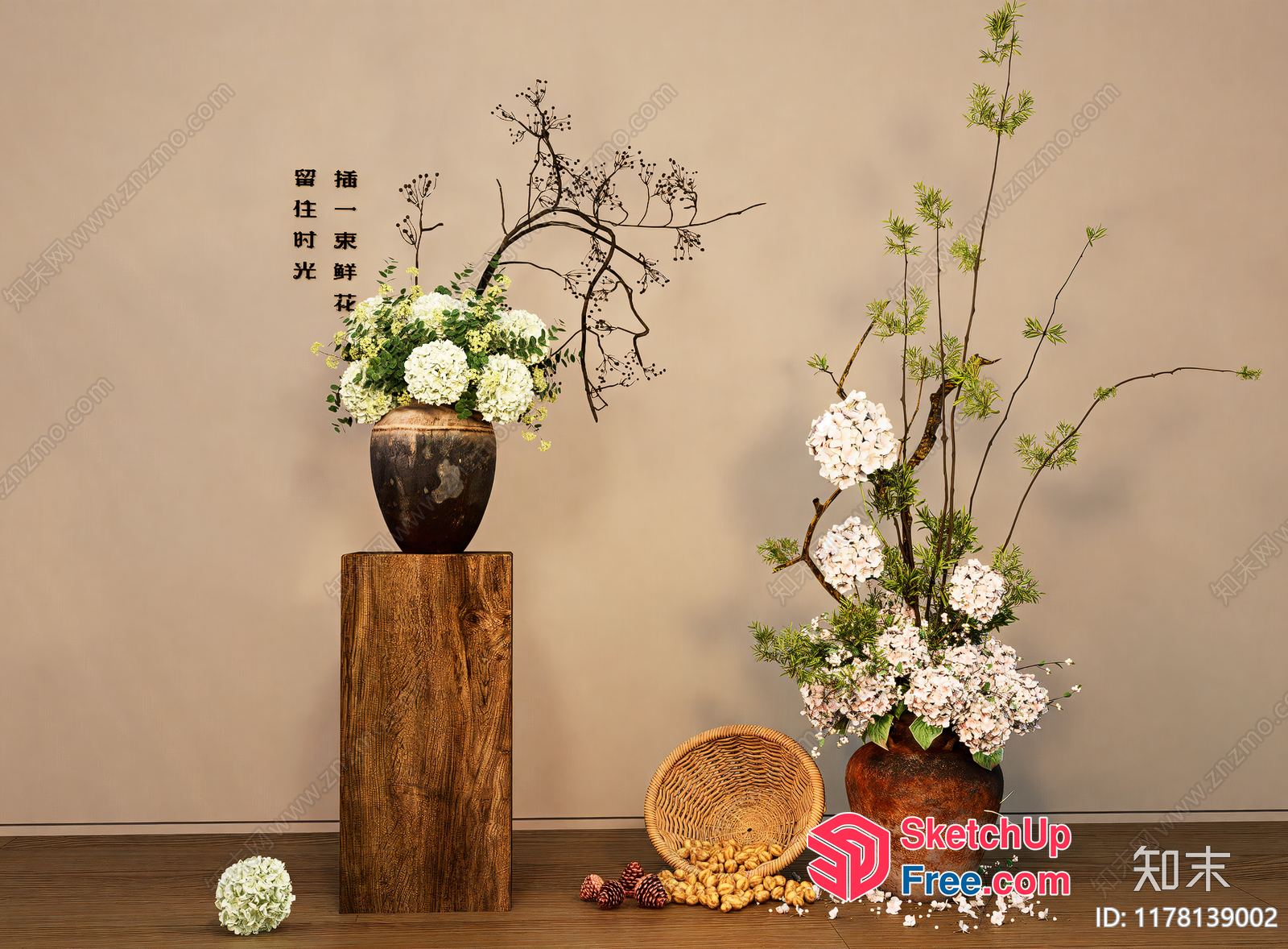 White Flower Arrangement In Brown Vases 3D SketchUp File