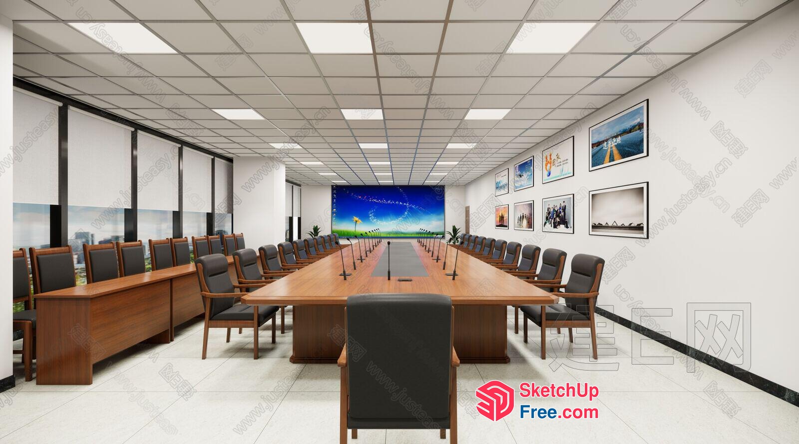 Long Conference Table With Gray Chairs And Large Screen 3D SketchUp File