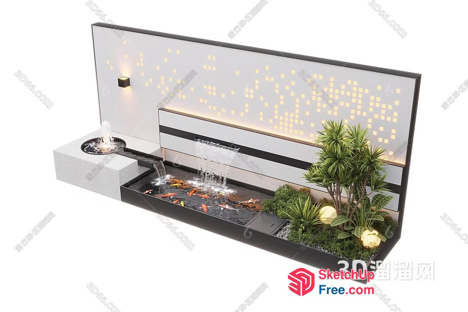 Modern Water Feature With Koi Fish And Plants 3D SketchUp File