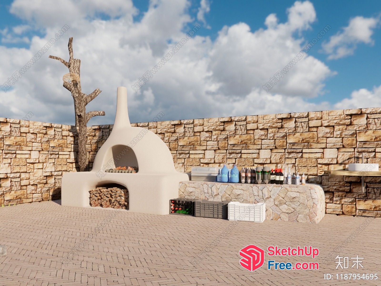 Outdoor Fireplace With Stone Wall And Brick Floor 3D SketchUp File