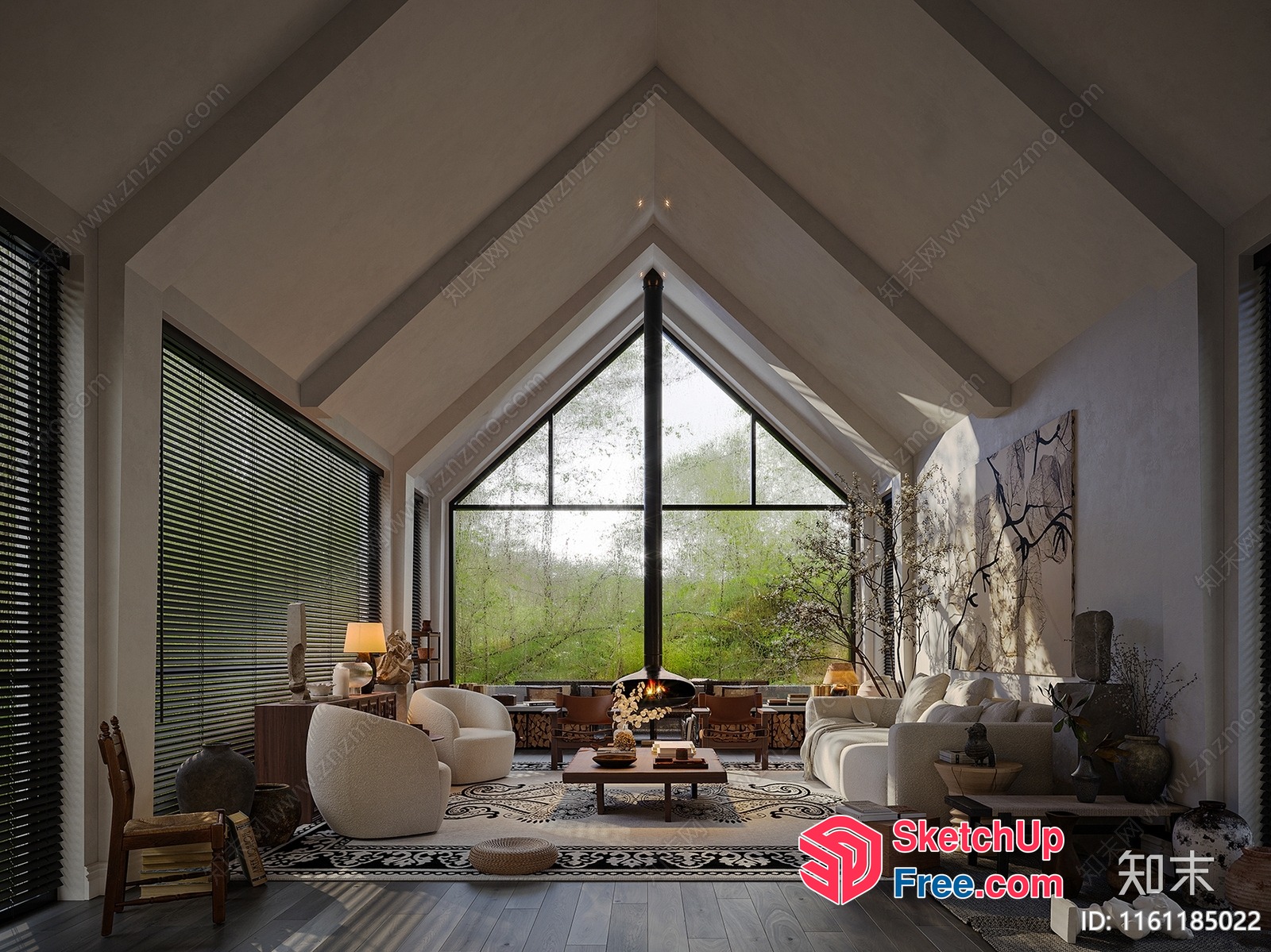 Spacious Living Room With Vaulted Ceiling And Floor-To-Ceiling Windows 3D SketchUp File