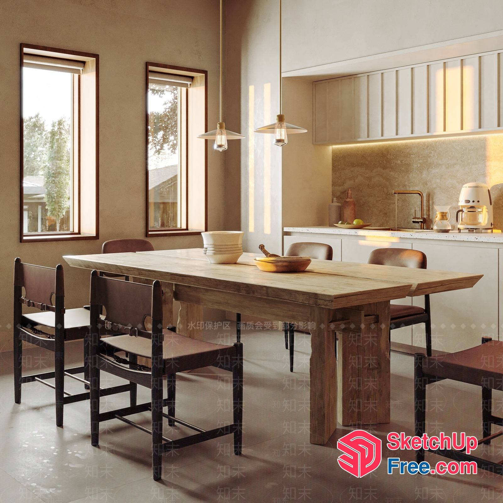 Elegant Modern Minimalist Dining Room With Natural Wood Table 3D SketchUp File