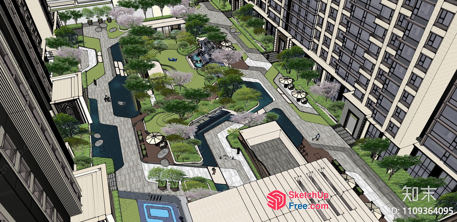 Modern Urban Park With Water Features And Seating 3D SketchUp File