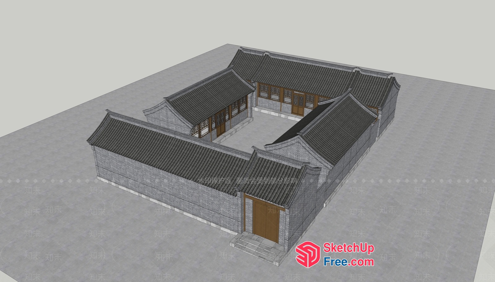 Traditional Chinese Courtyard House With Ornate Roof And Doors 3D SketchUp File