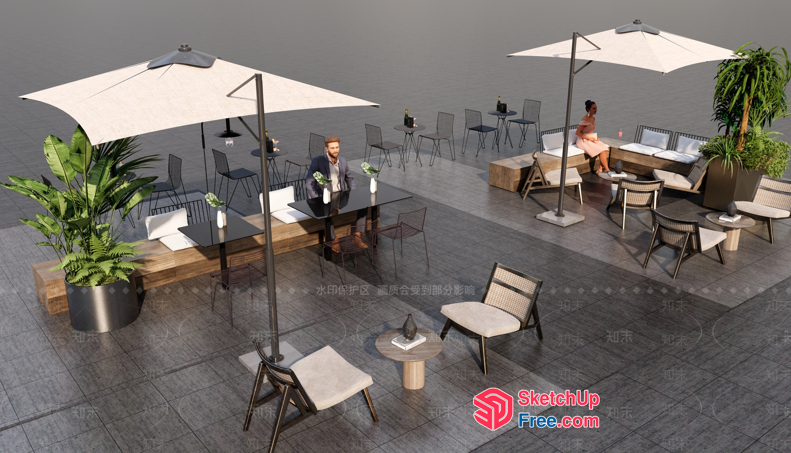 Modern Outdoor Seating Area With Elegant Umbrellas And Tables 3D SketchUp File
