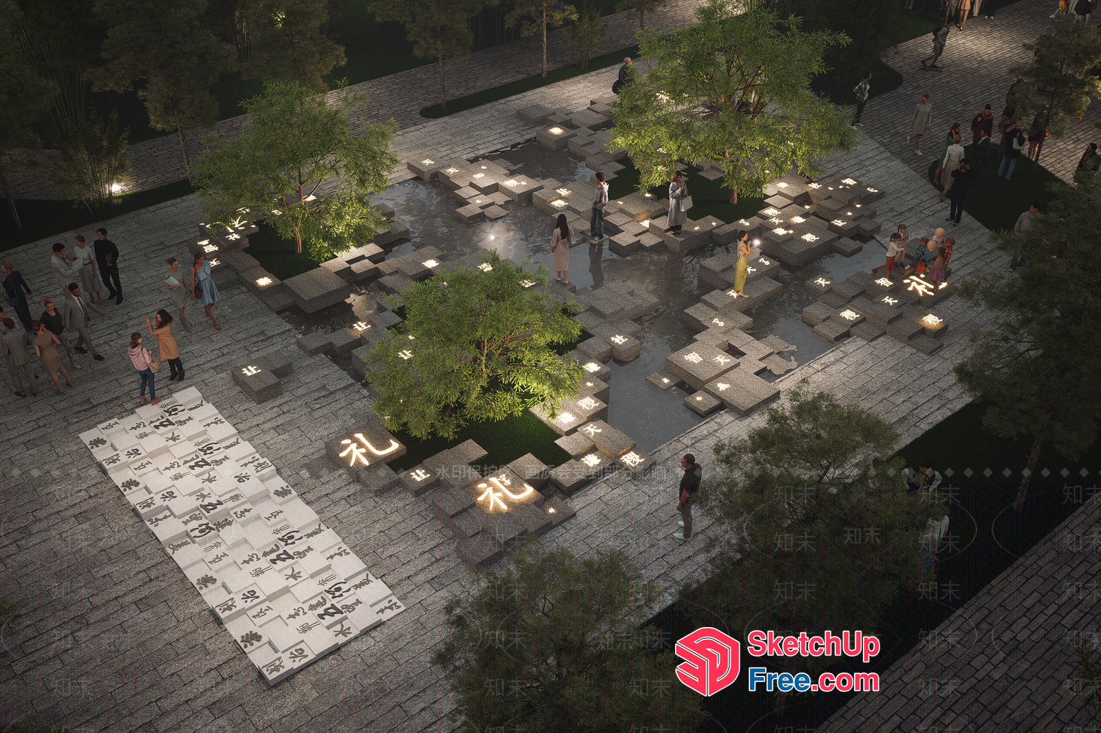 Outdoor Seating Area With Water Features And Asian-Inspired Decor 3D SketchUp File