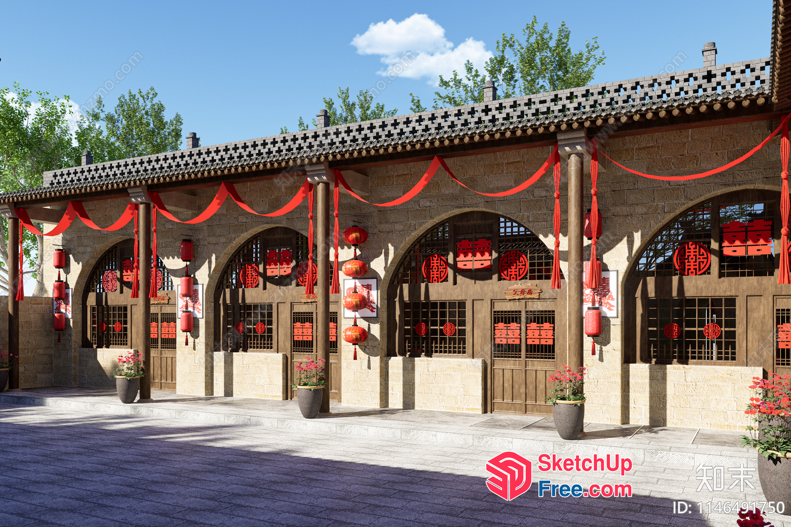 Traditional Chinese Building Exterior With Red Decorations 3D SketchUp File