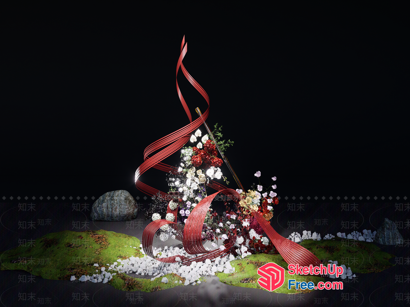 Modern Artistic Floral Arrangement With Red Ribbons 3D SketchUp File