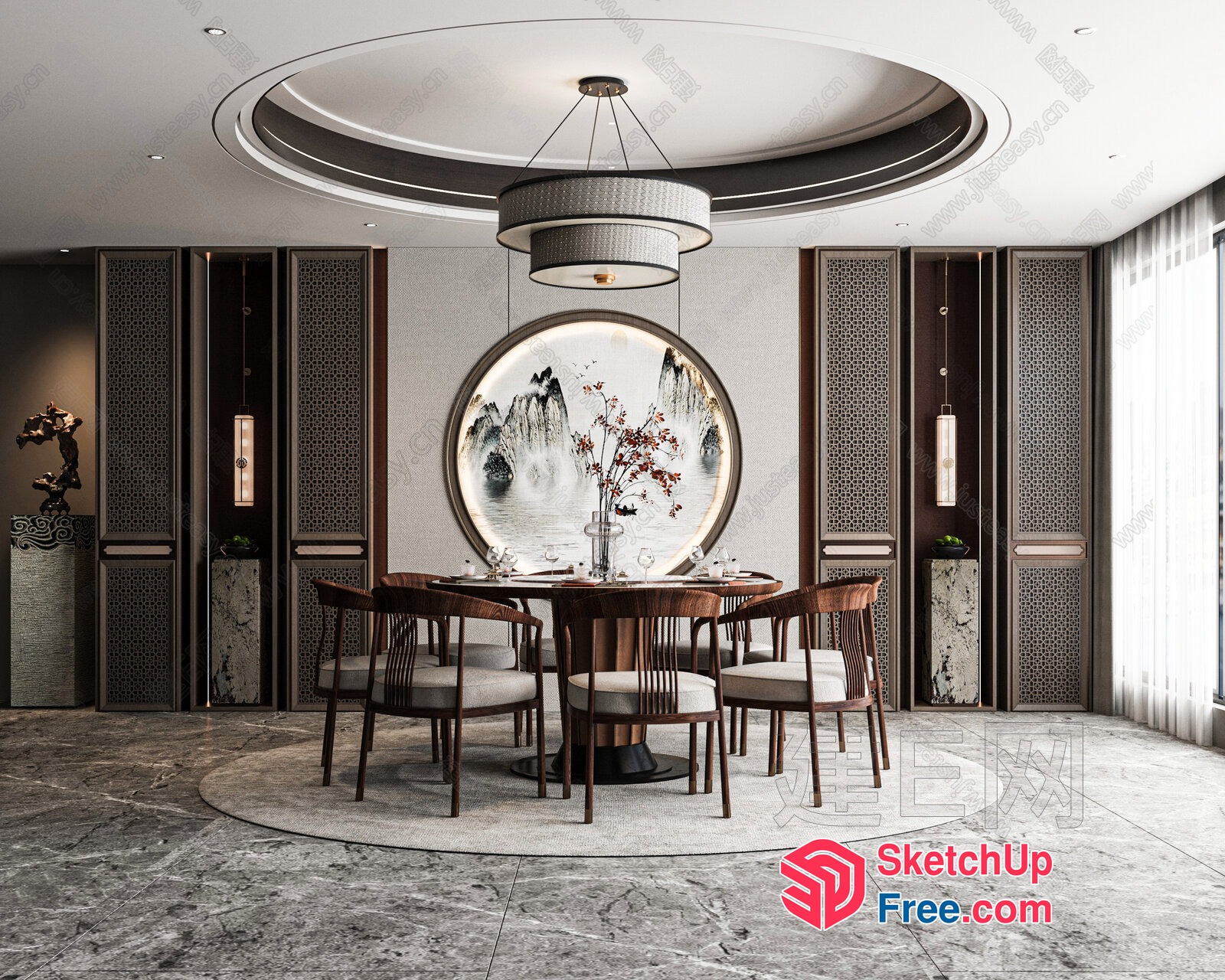 Elegant Modern Chinese Style Dining Room 3D SketchUp File