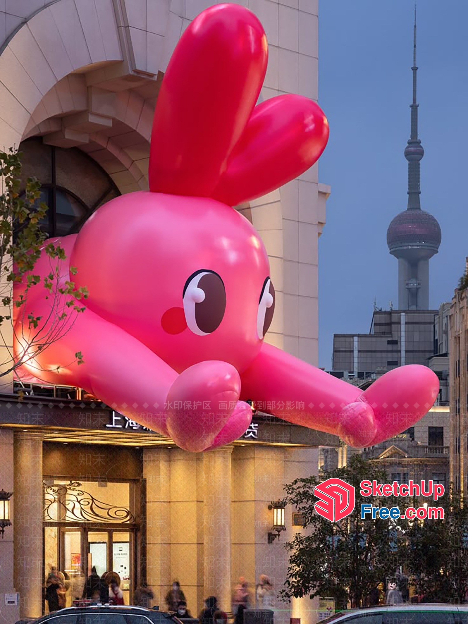Giant Pink Rabbit Sculpture In Urban Setting 3D SketchUp File