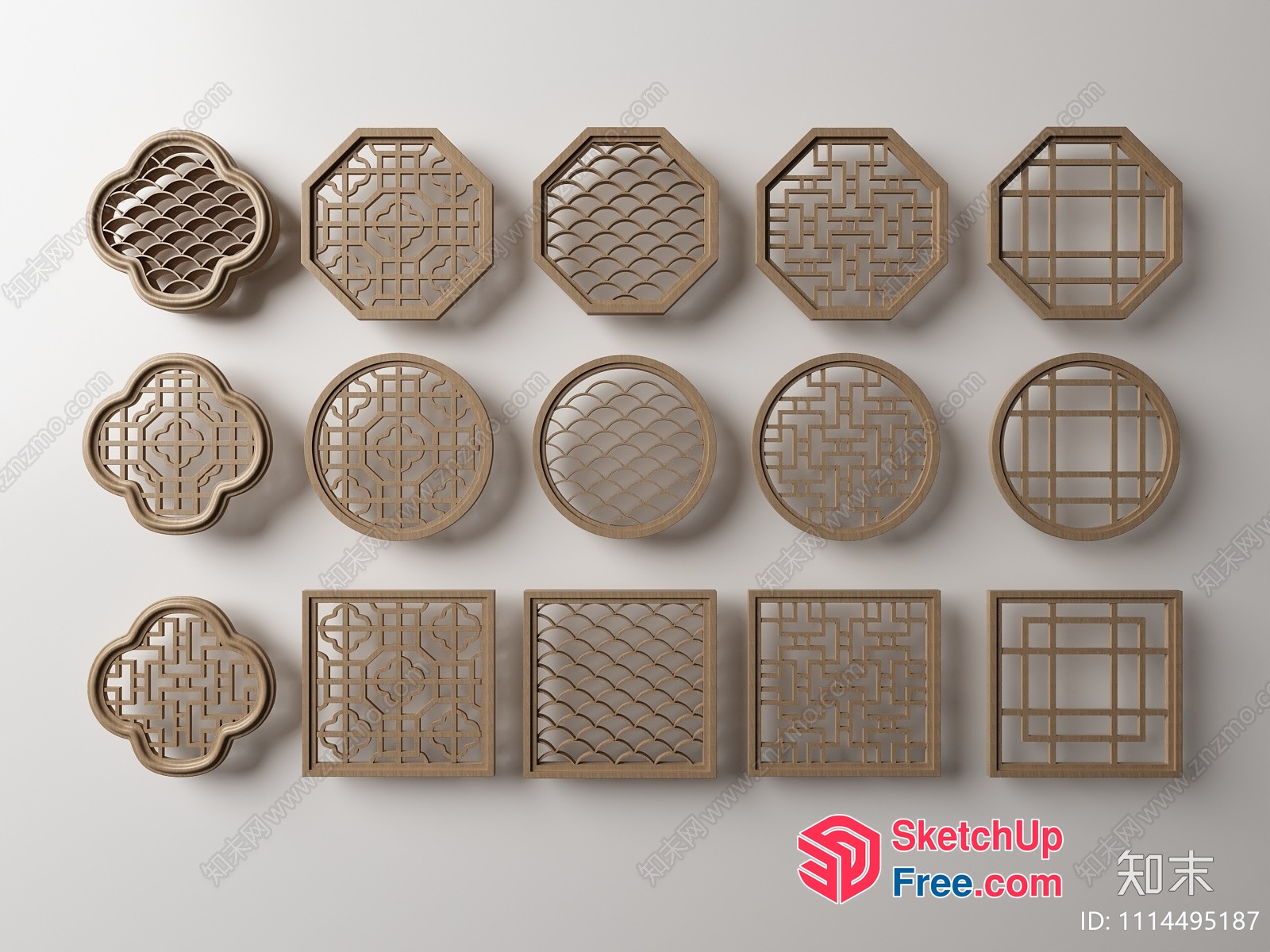 Asian-Inspired Geometric Patterns On Wooden Decorations 3D SketchUp File