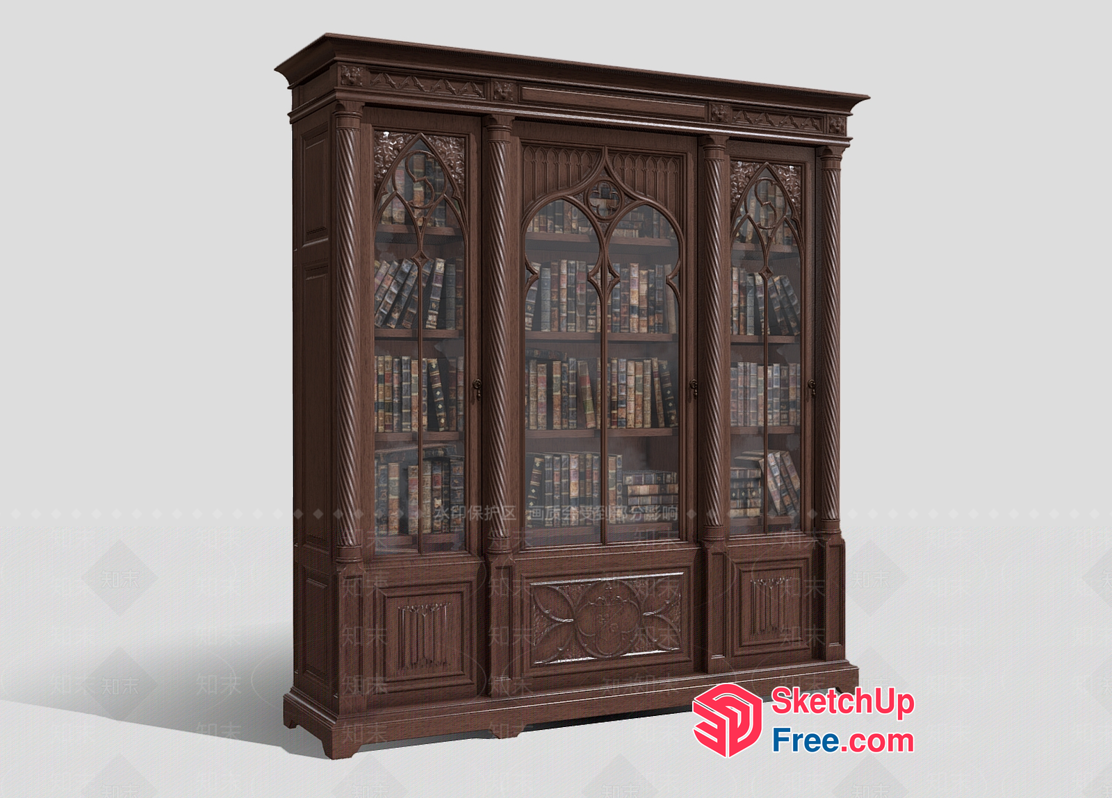 Elegant Dark Wood Bookcase With Intricate Carvings 3D SketchUp File