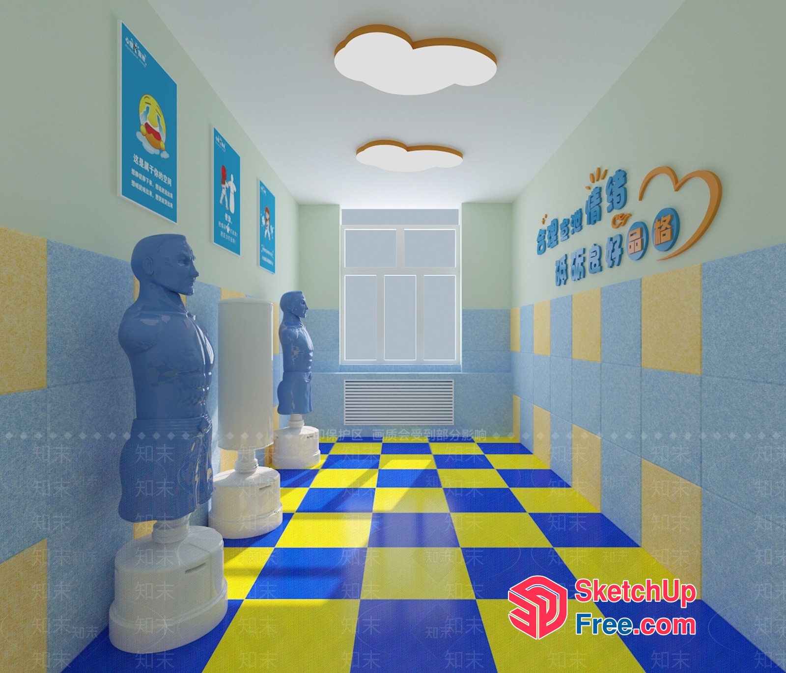 Blue And Yellow Checkered Floor With White Ceiling Lights 3D SketchUp File