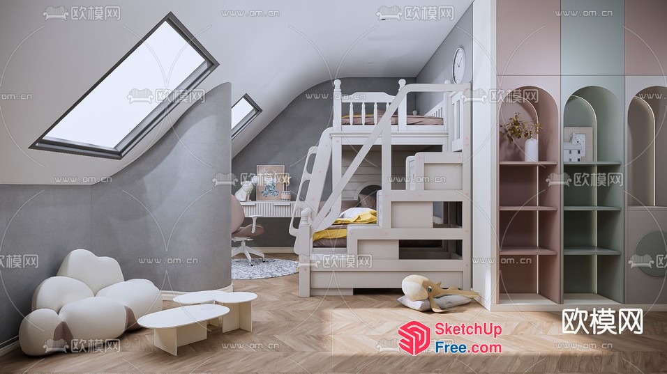 Cozy Modern Kids' Room With Bunk Bed And Desk 3D SketchUp File
