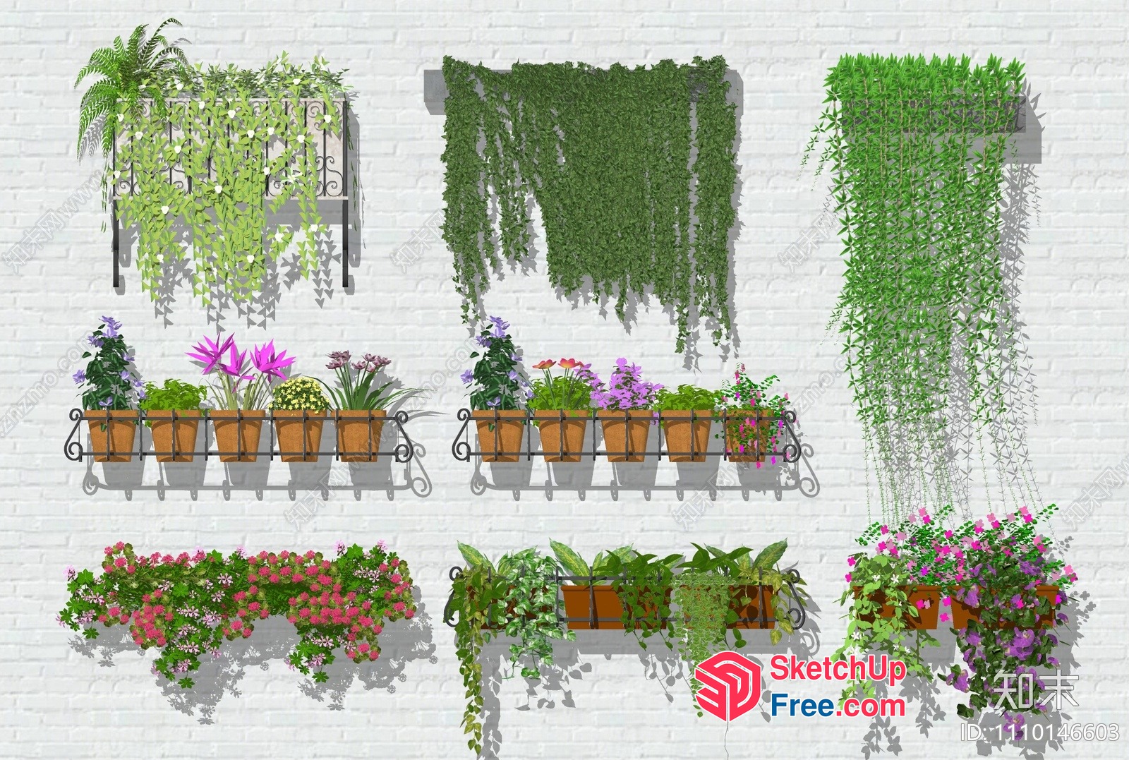 Beautiful Potted Plants On A White Brick Wall 3D SketchUp File