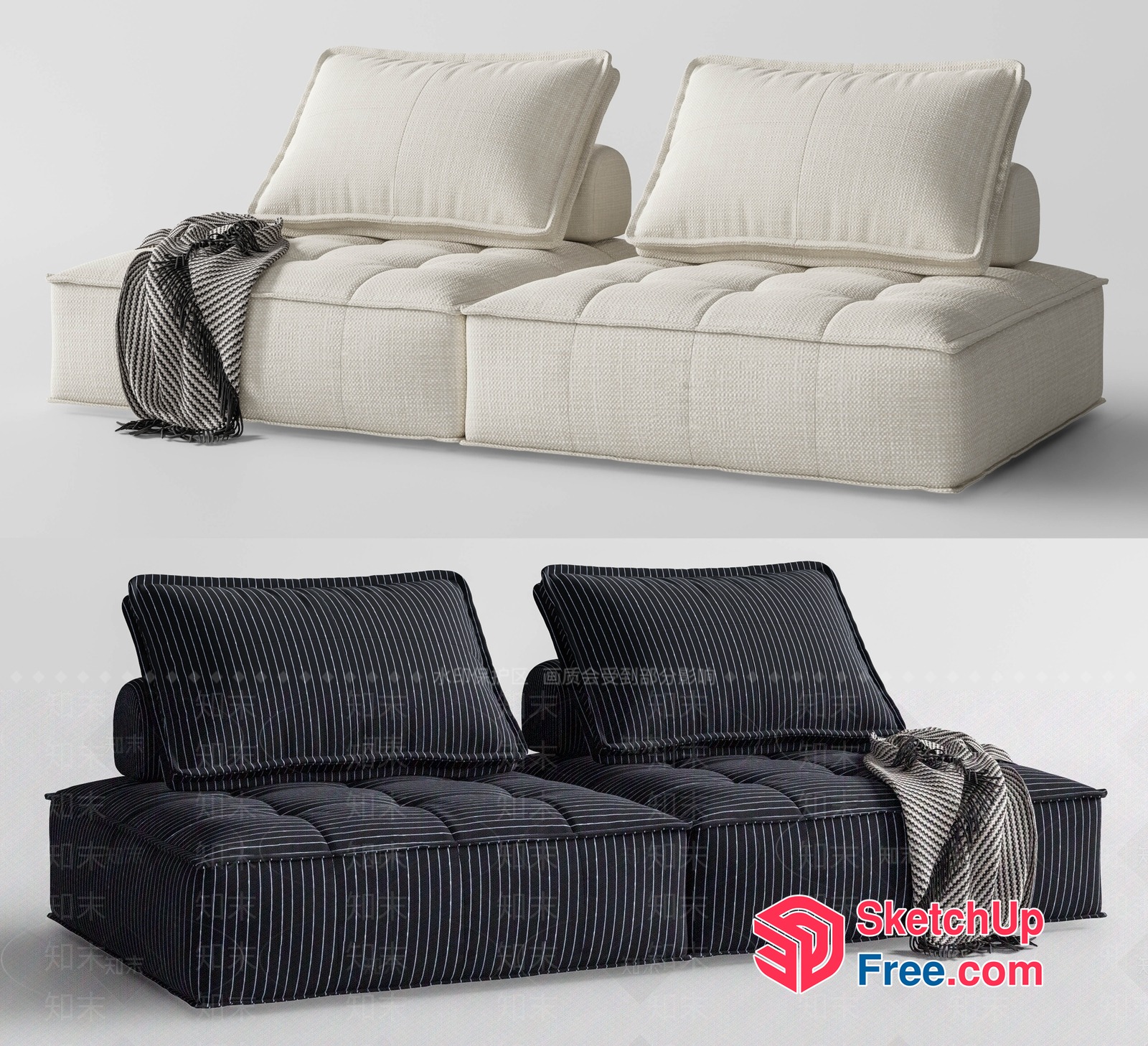 Modern L-Shaped Sofa With Pillows And Throw Blanket 3D SketchUp File