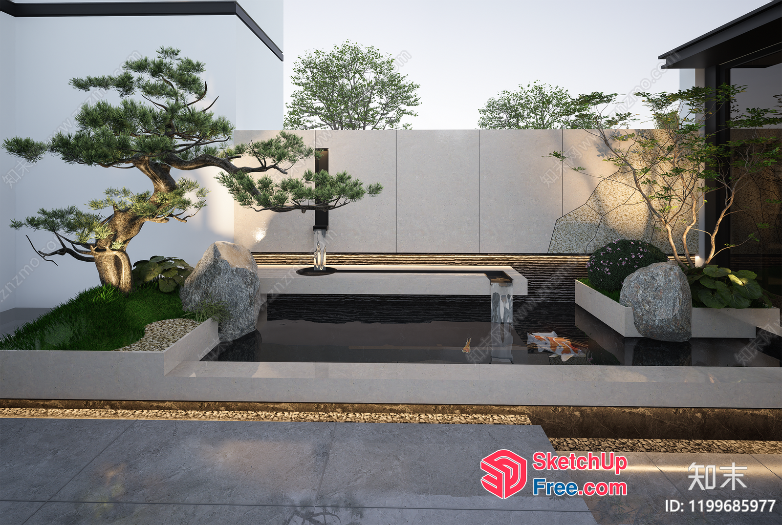 Modern Zen Garden With Water Feature And Koi Fish 3D SketchUp File