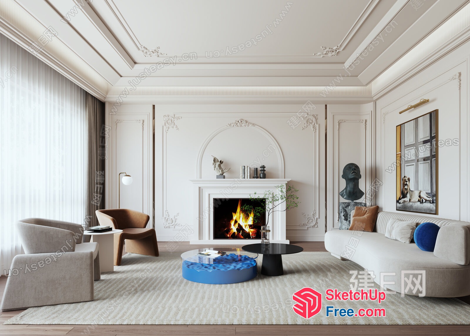 Elegant Modern Living Room With Fireplace And Cozy Seating 3D SketchUp File