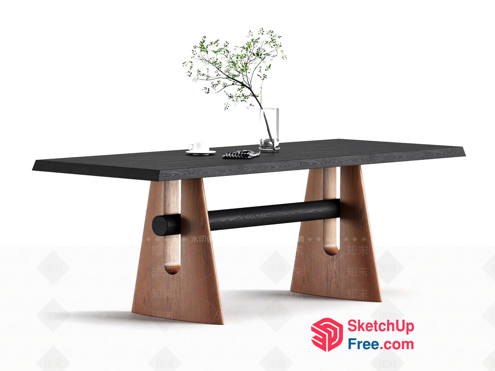 Simple Modern Style Wooden Table And Bench 3D SketchUp File
