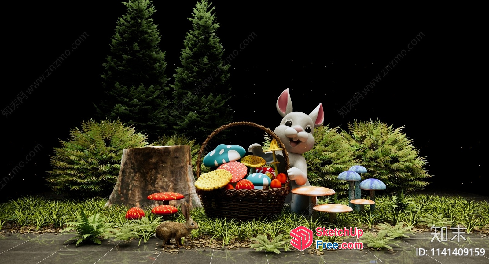Cartoonish Forest Scene With Mushrooms And A Rabbit 3D SketchUp File