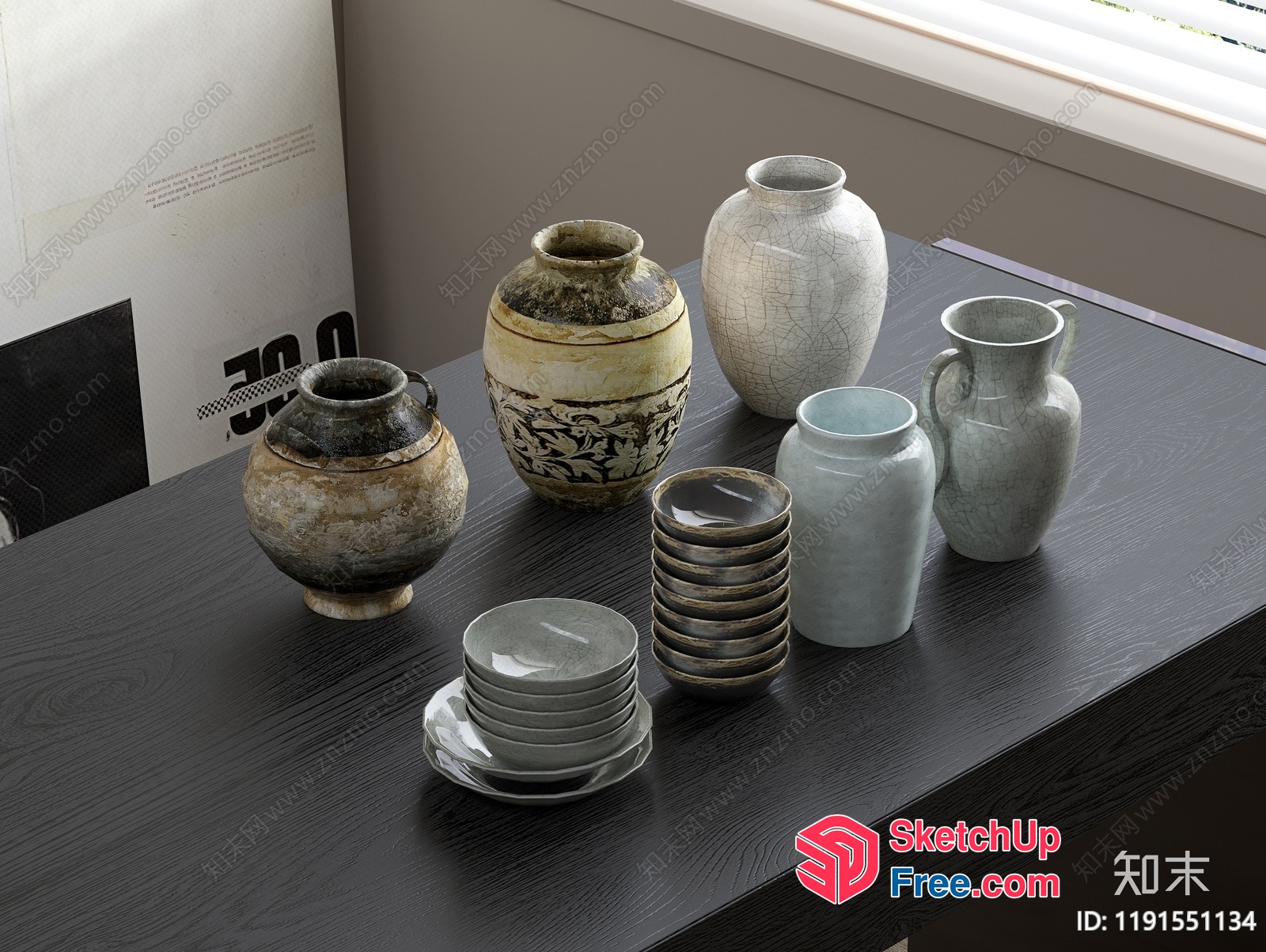 Interior Decor With Vases And Plates On A Dark Wood Table 3D SketchUp File