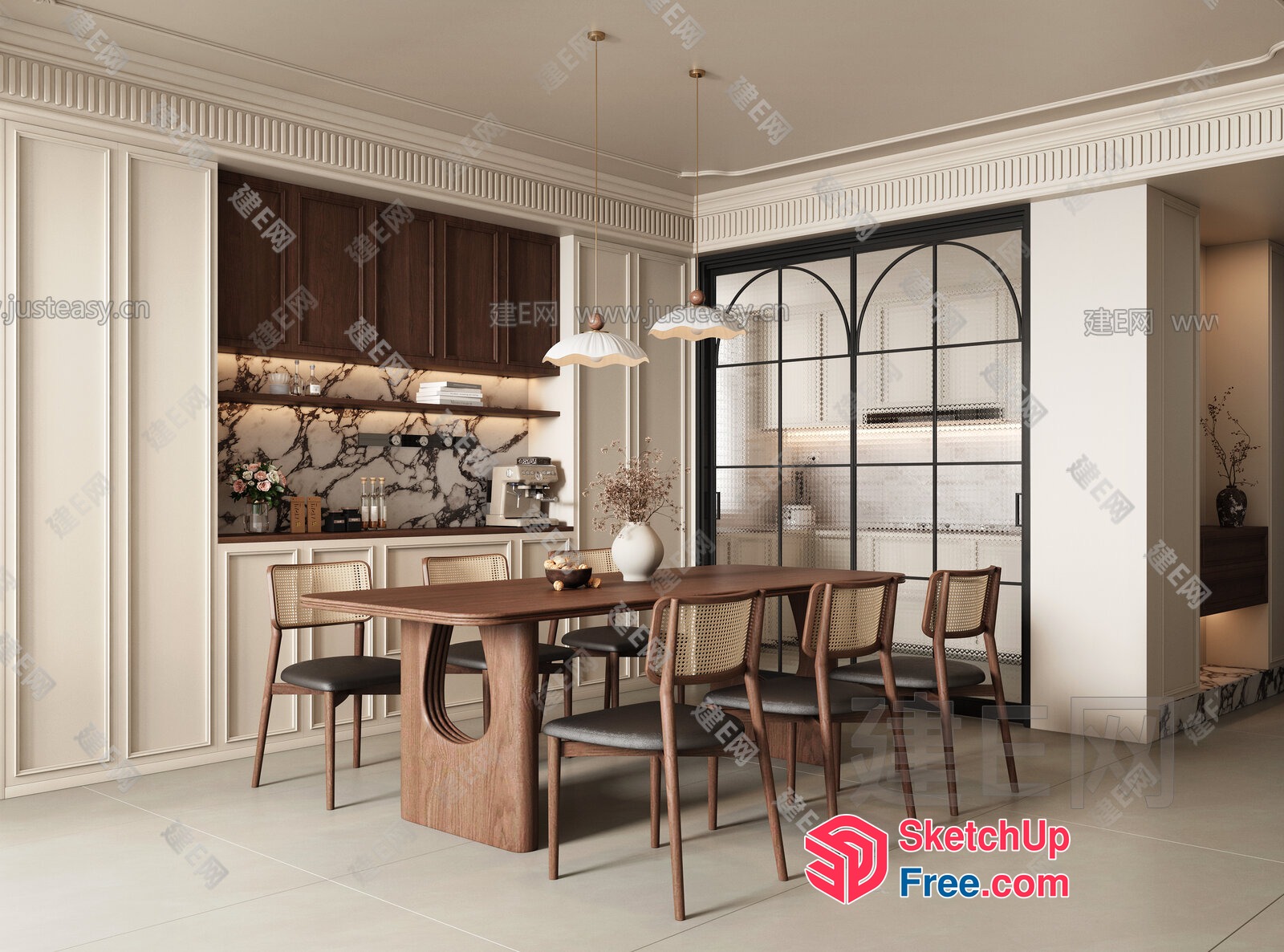 Modern Dining Room With Wooden Table And Chairs 3D SketchUp File