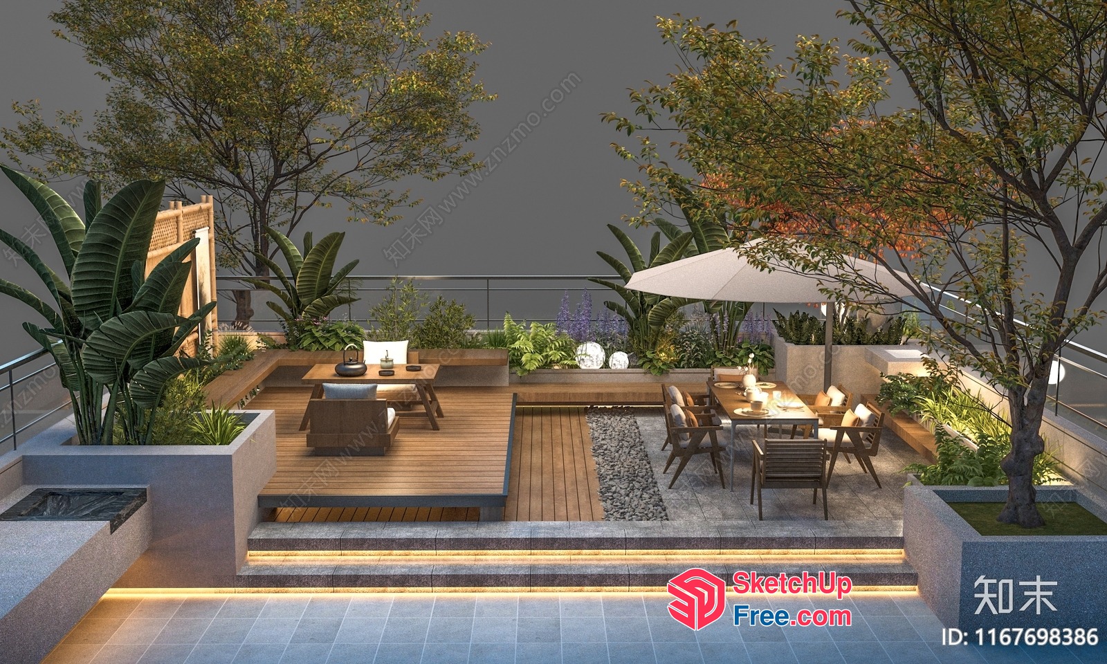 Modern Outdoor Dining Area With Wooden Deck 3D SketchUp File