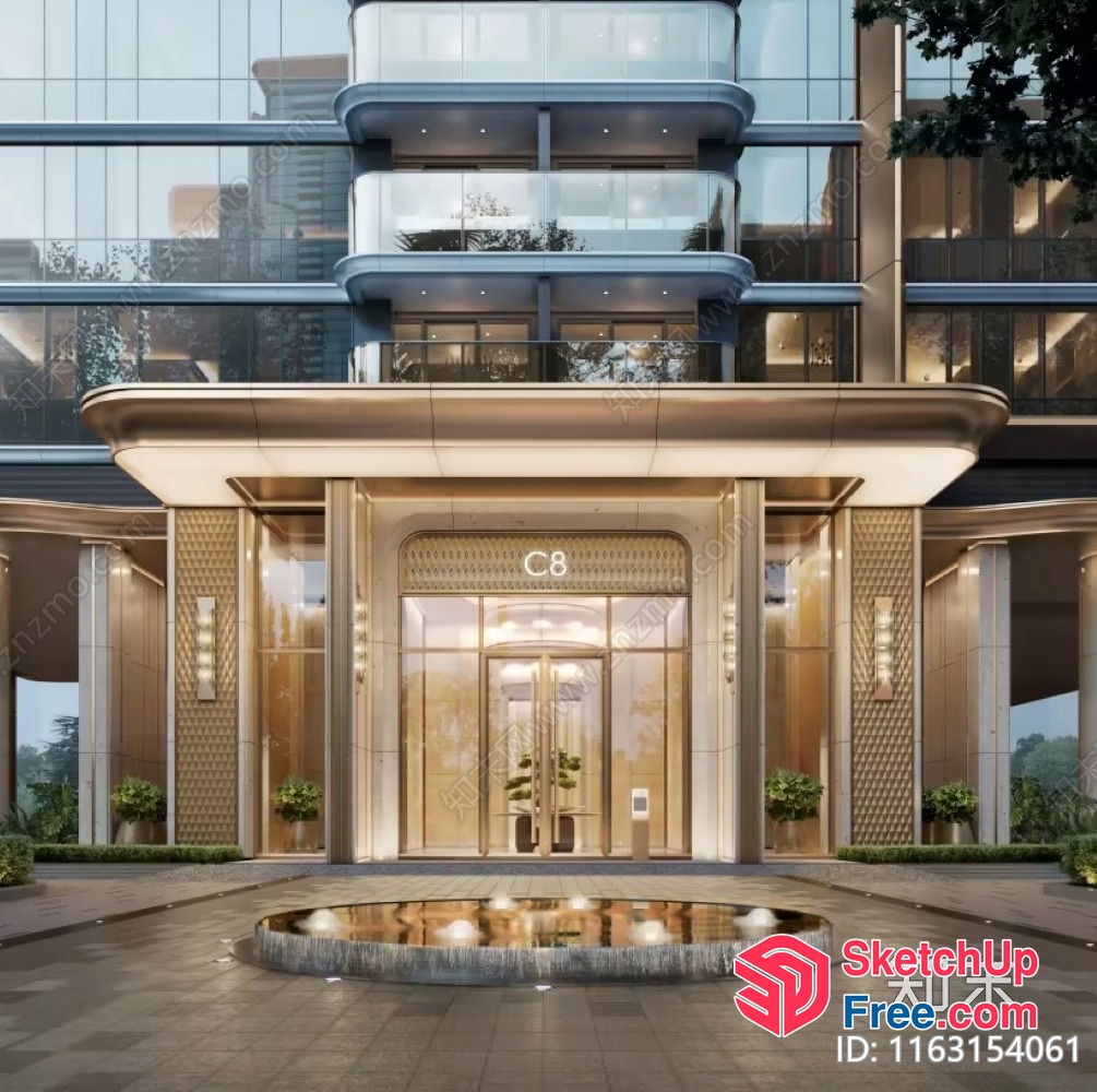 Modern Luxury Building Entrance With Elegant Glass Curtain Wall And Pillars 3D SketchUp File