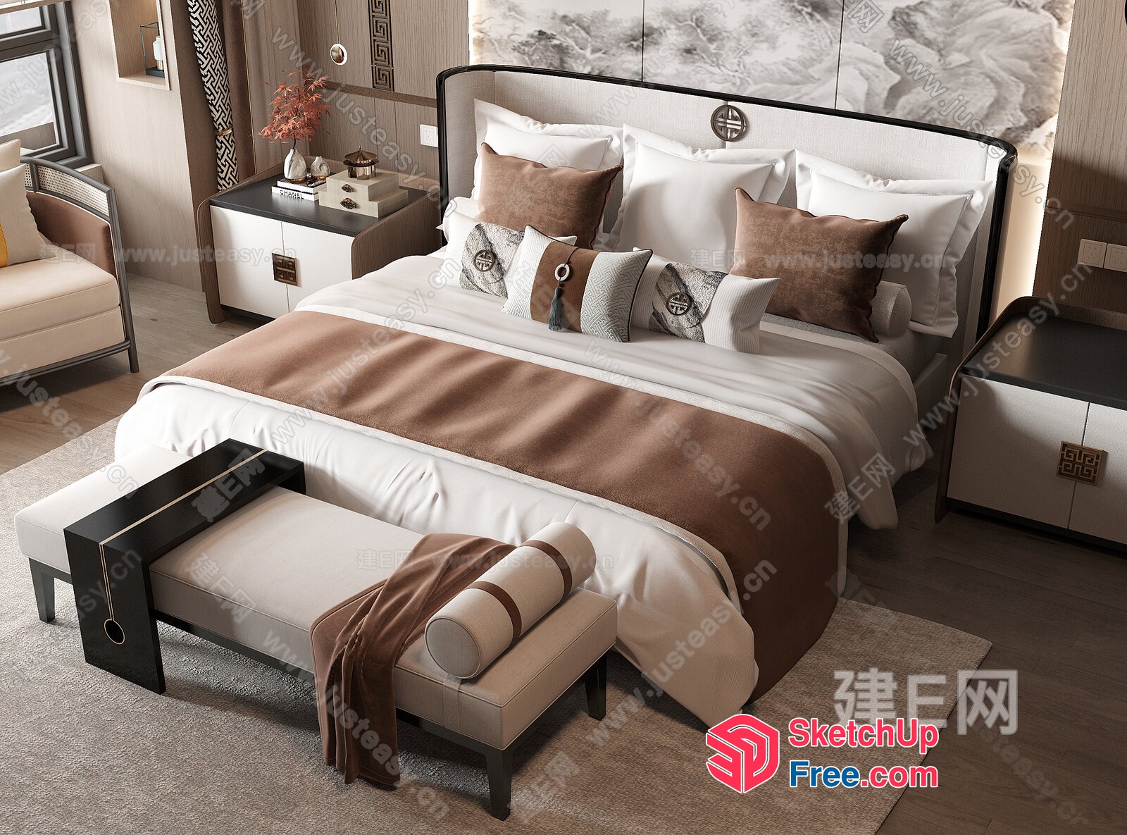 Modern Asian-Inspired Bedroom Design With Luxurious Furniture 3D SketchUp File