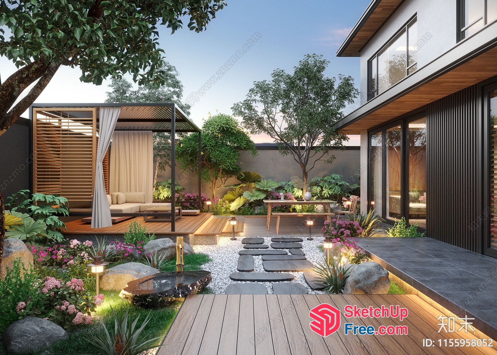 Modern Japanese-Style Villa With Serene Garden And Outdoor Seating Area 3D SketchUp File