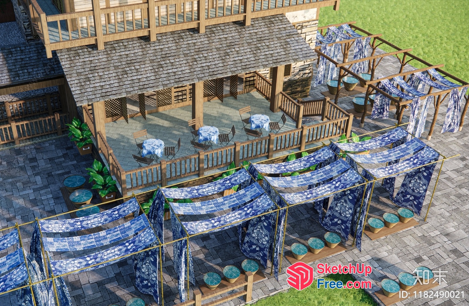 Outdoor Dining Area With Blue And White Decor 3D SketchUp File