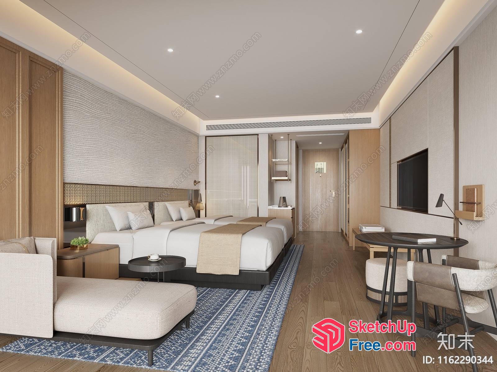 Modern Hotel Room Interior With Double Beds And Tv 3D SketchUp File